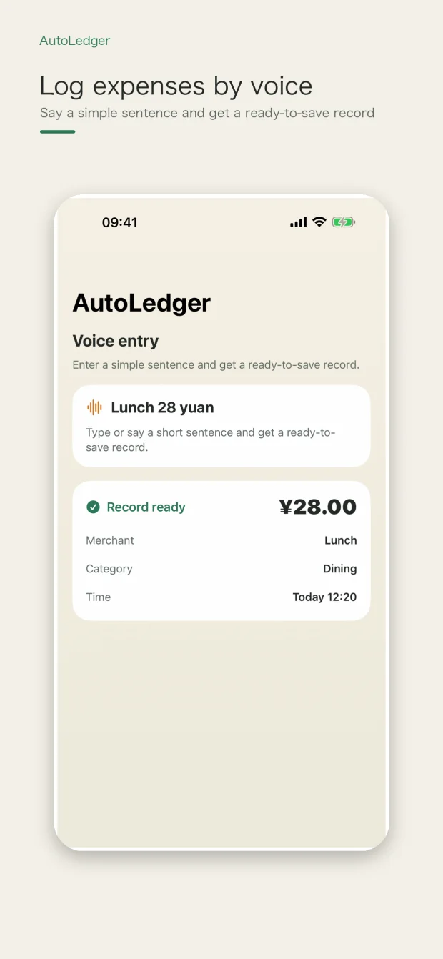 AutoLedger voice expense entry screen on iPhone