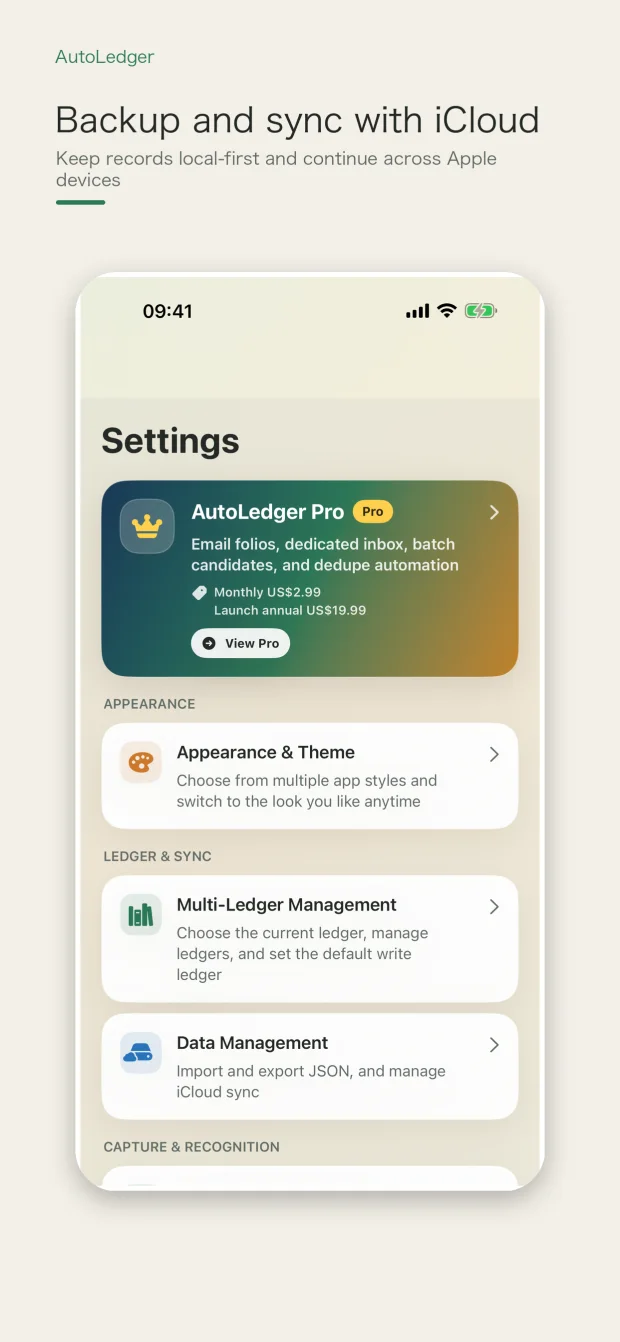 AutoLedger local-first storage and optional iCloud settings on iPhone