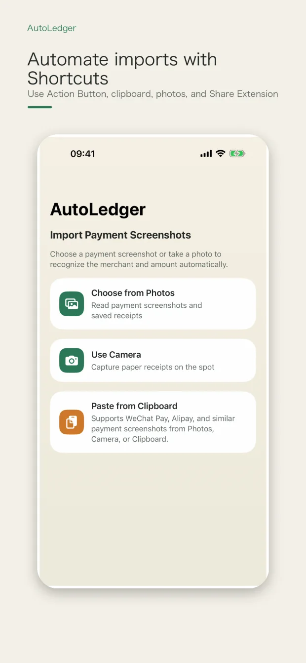AutoLedger Shortcuts and automated import screen on iPhone